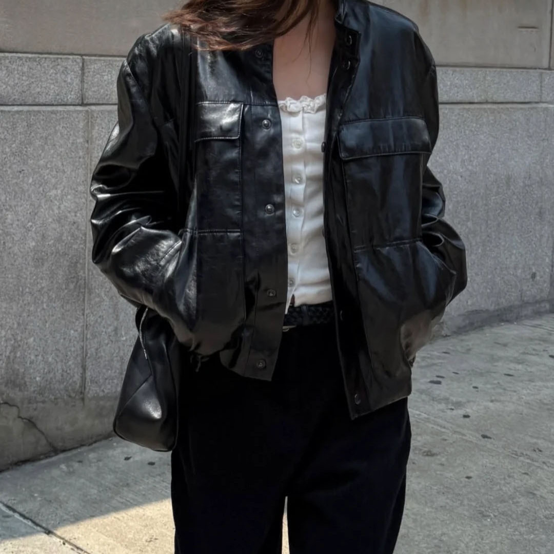 In-Stock 2026 Spring New Korean Style Versatile Retro Stand-Collar Single-Breasted Black Leather Jacket for Women