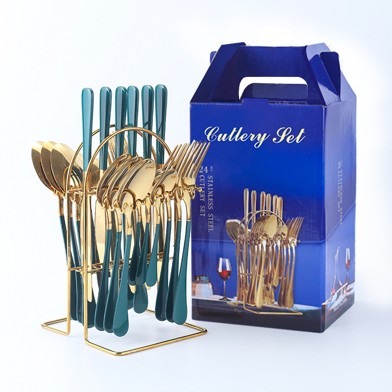 Amazon popular vajilla de acero inoxidable 24 piezas traje 1010 cuatro piezas principales cuchillo de comida occidental, tenedor y cuchara traje rack caja de regalo