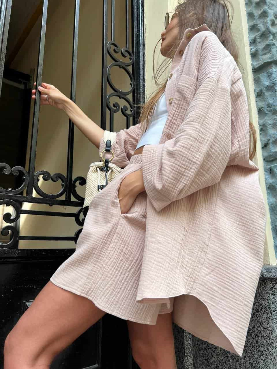 Casual Button-Up Cardigan & Shorts Set – Breathable Polyester Lounge-to-Street Outfit (S-XL, 4 Fresh Colors, Euro-US Minimalist Comfort)_ecoleips.com