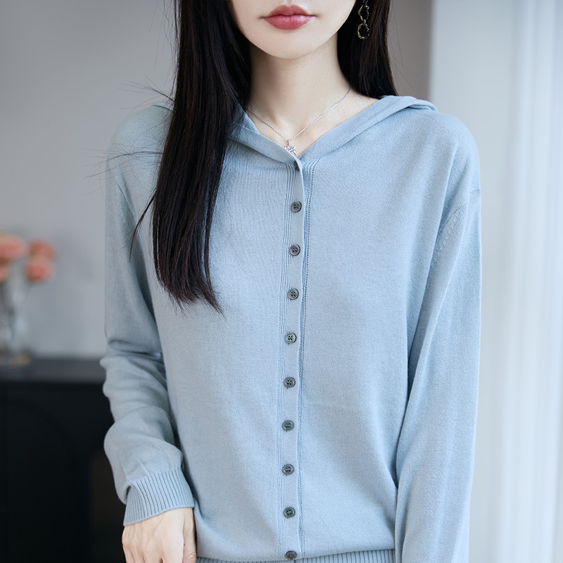 2026 Spring and Summer New Style Fine Wool Hooded Knitted Cardigan Long-Sleeved Women's Pure Color Loose and Versatile Top Jacket 2026 Spring and Summer New Style Fine Wool Hooded Knitted Cardigan Long-Sleeved Women's Pure Color Loose and Versatile Top Jacket