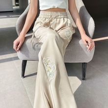 新中式刺绣阔腿裤女夏季薄款特大码300斤高腰垂感窄版冰丝直筒裤