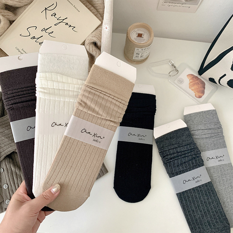 Pile socks women's solid color vertical stripes Japanese simple all-match mid-calf length socks ins trendy South Korea Internet celebrity jk loafers Cotton