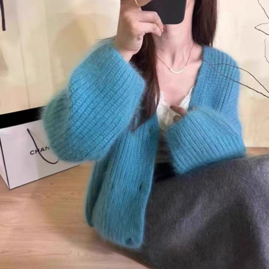 Qadın toxunma hırka, V yaxalı, yumşaq trikotaj jaket