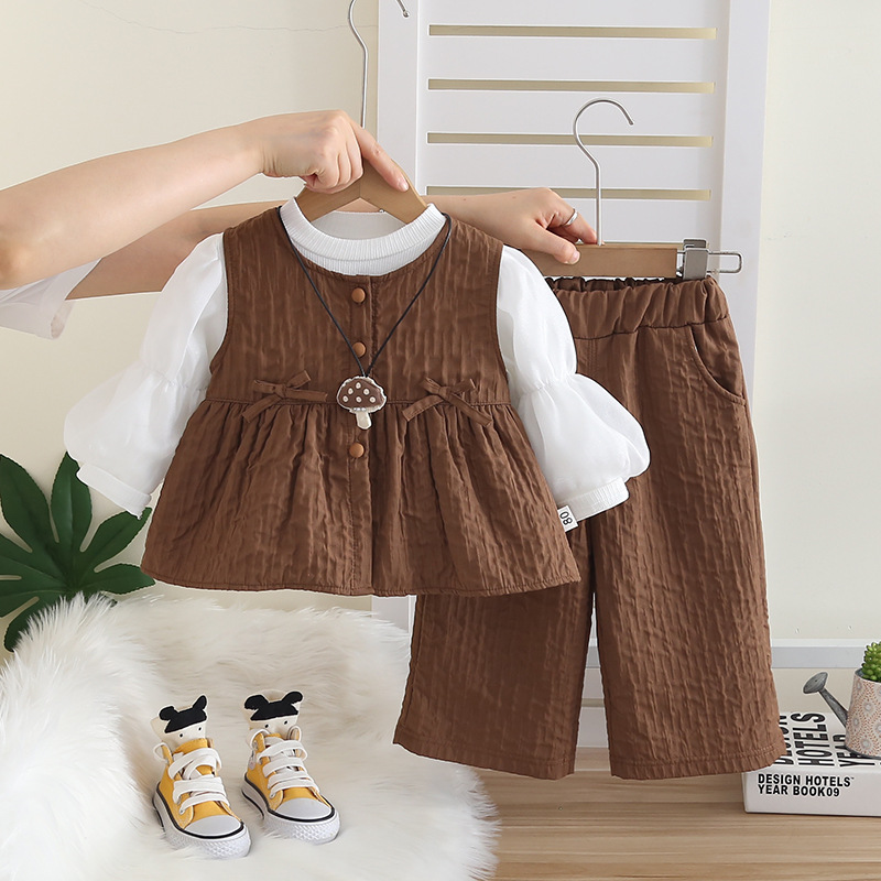 Vestiti per bambine primavera 2025 e nuovi, elegante completo autunnale per neonati, set di tre pezzi con gilet a forma di fungo_voghion.com