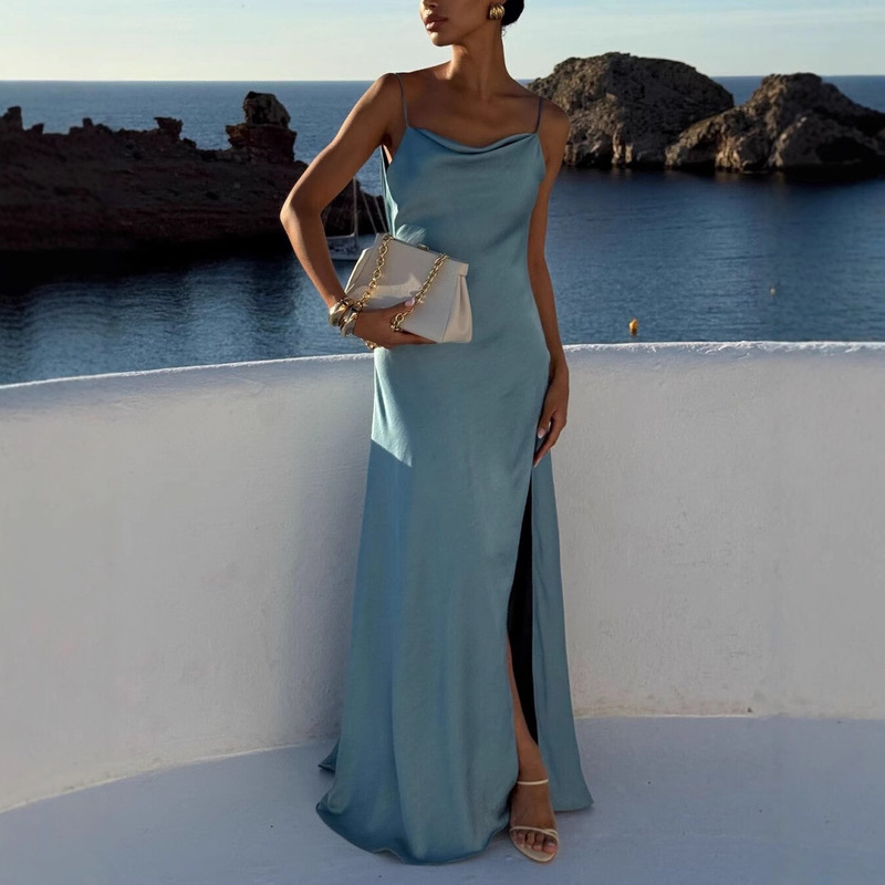 Independent Station Cross-Border European and American 2025 Foreign Trade Elegant Sexy Solid Color Patchwork Lace-Up Slim Strap Long Dress