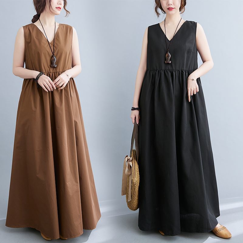 Retro artistic style large swing cotton and linen dress women's summer chubby girl mopping floor lengthened vest skirt temperament super long skirt