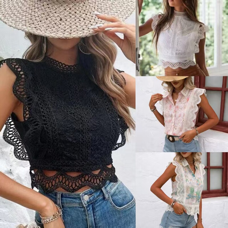 2026 Summer New Style Amazon European and American Best-Selling Sexy Hollow-Out Solid Color Geometric Pattern Women's Top Lace Chiffon Shirt 2026 Summer New Style Amazon European and American Best-Selling Sexy Hollow-Out Solid Color Geometric Pattern Women's Top Lace Chiffon Shirt