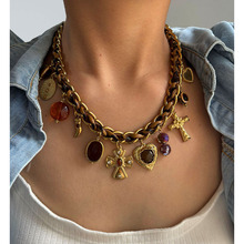 欧美跨境时尚夸张不锈钢十字架爱心树脂多吊坠豹纹皮绳个性项链女