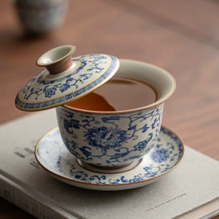 缠枝莲陶瓷功夫茶具三才盖碗茶泡可悬停旋转茶碗泡茶不烫手家用