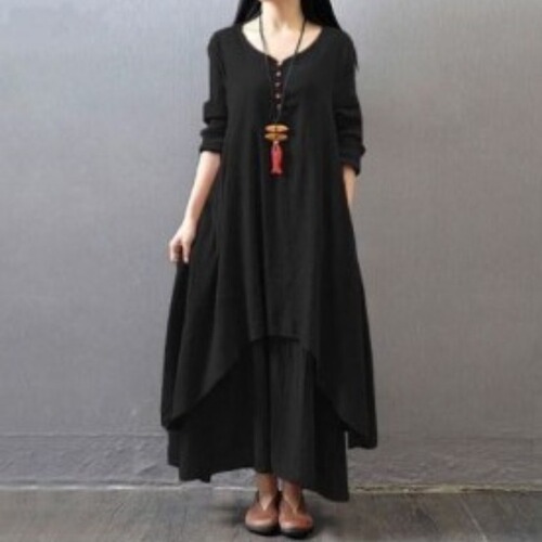 New High-Quality Pencil Skirt Dress with Flowy Linen A-Line Dress Loose Long-Sleeved Cotton-Linen Dress