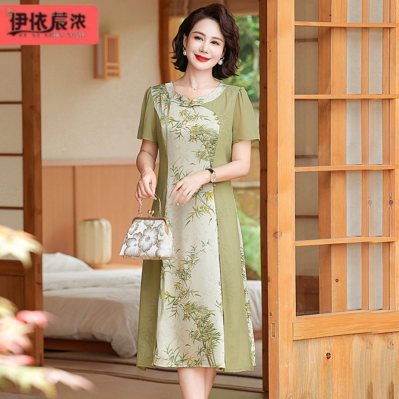 Летнее новое платье мамы с короткими рукавами 50-летняя женщина темпераментная атласная юбка среднего и длинного платья женская оптом