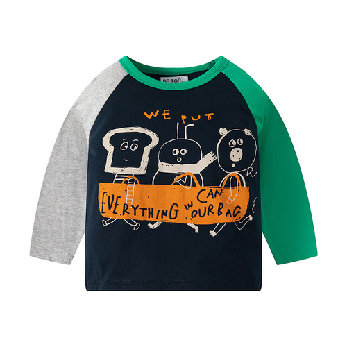 Cross-border children's clothing long-sleeved T-shirt pure cotton spring and autumn color block trendy cartoon Korean style stylish base shirt wholesale one-piece dropshipping