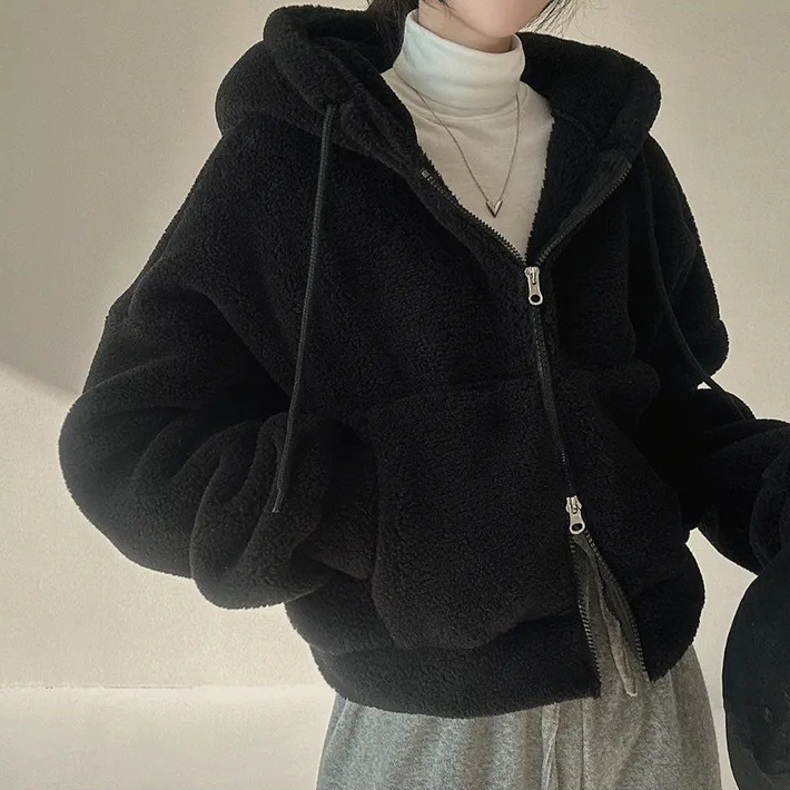 Double zipper fashion brand lamb wool coat women's autumn and winter fleece-lined thickened lamb wool sweater Korean style cardigan 2023 solid color Double zipper fashion brand lamb wool coat women's autumn and winter fleece-lined thickened lamb wool sweater Korean style cardigan 2023 solid color