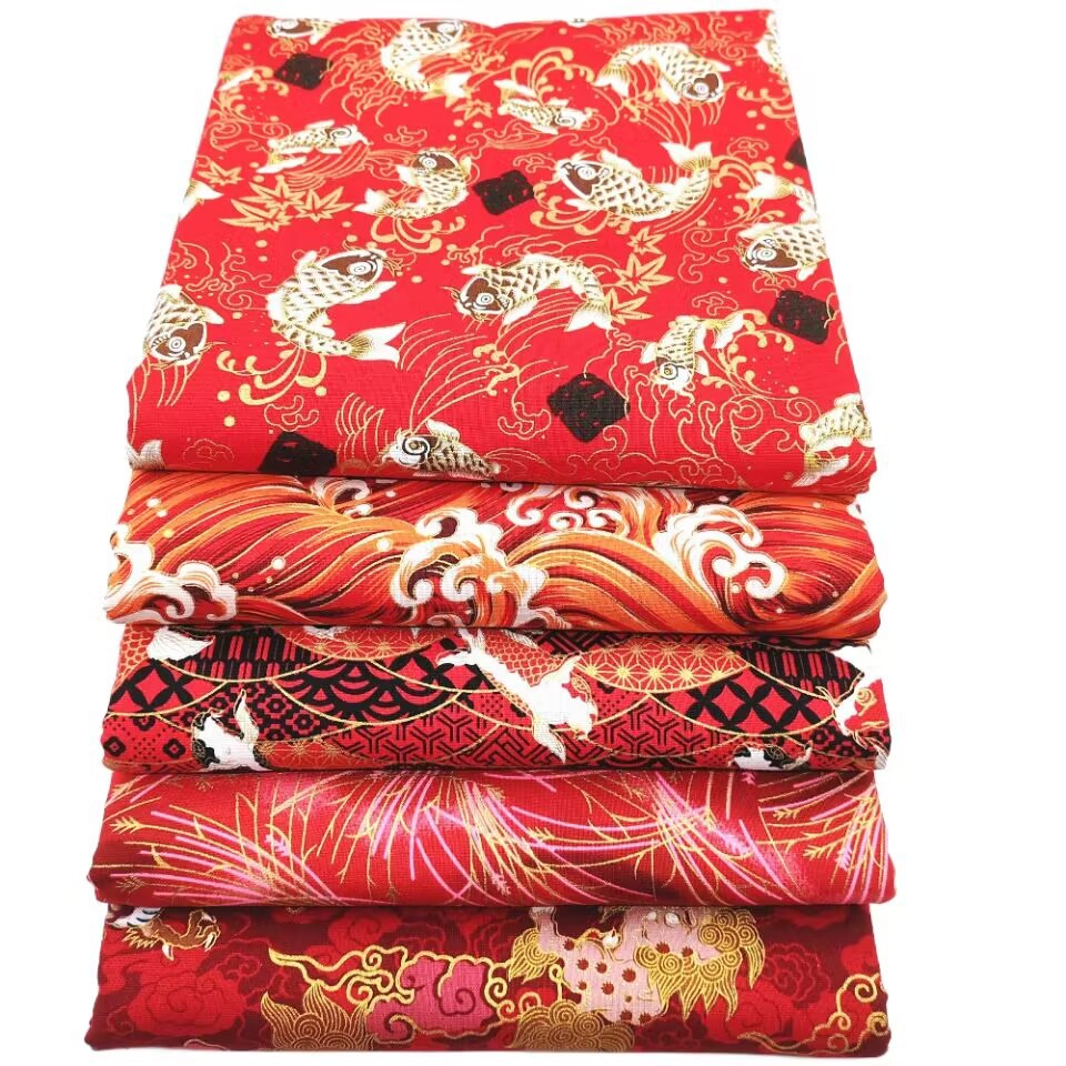 新款日式和风烫金布料全棉加厚鲤鱼印花DIY手工拼布箱包装饰布