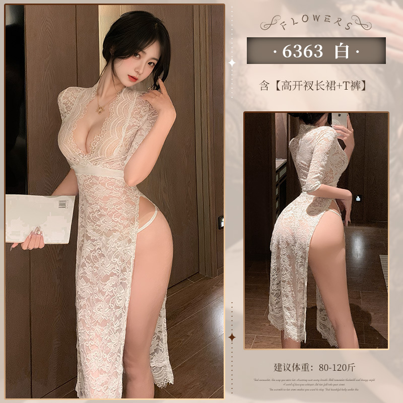 Fei Mu talla grande en V profundo corte transparente falda larga de encaje 6363 lencería sexy puro deseo de mostrar las nalgas sin tentación