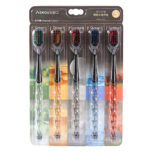 Aishukou adult soft-bristle 5-piece family set high-end crystal handle wide-head 10,000-bristle toothbrush wholesale shaking fast