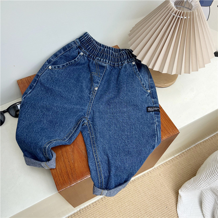 Korejske otroške oblačila, jesenske temno modre kavbojke 2024, ohlapne enobarvne očetovske priložnostne jeans hlače za fantke in deklice_voghion.com