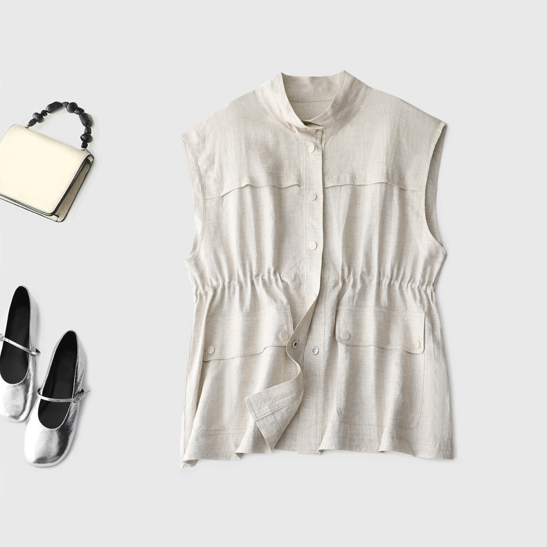 Old Money Style Linen Minimalist Commuter Stand-Collar Sleeveless Vest with Single-Breasted Relaxed Fit Designer Design Elegant Waistcoat