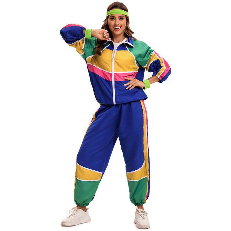 90S Nostalgic Style Contrast Color Sports Suit Loose Jacket + Leg Pants Retro Theme Party