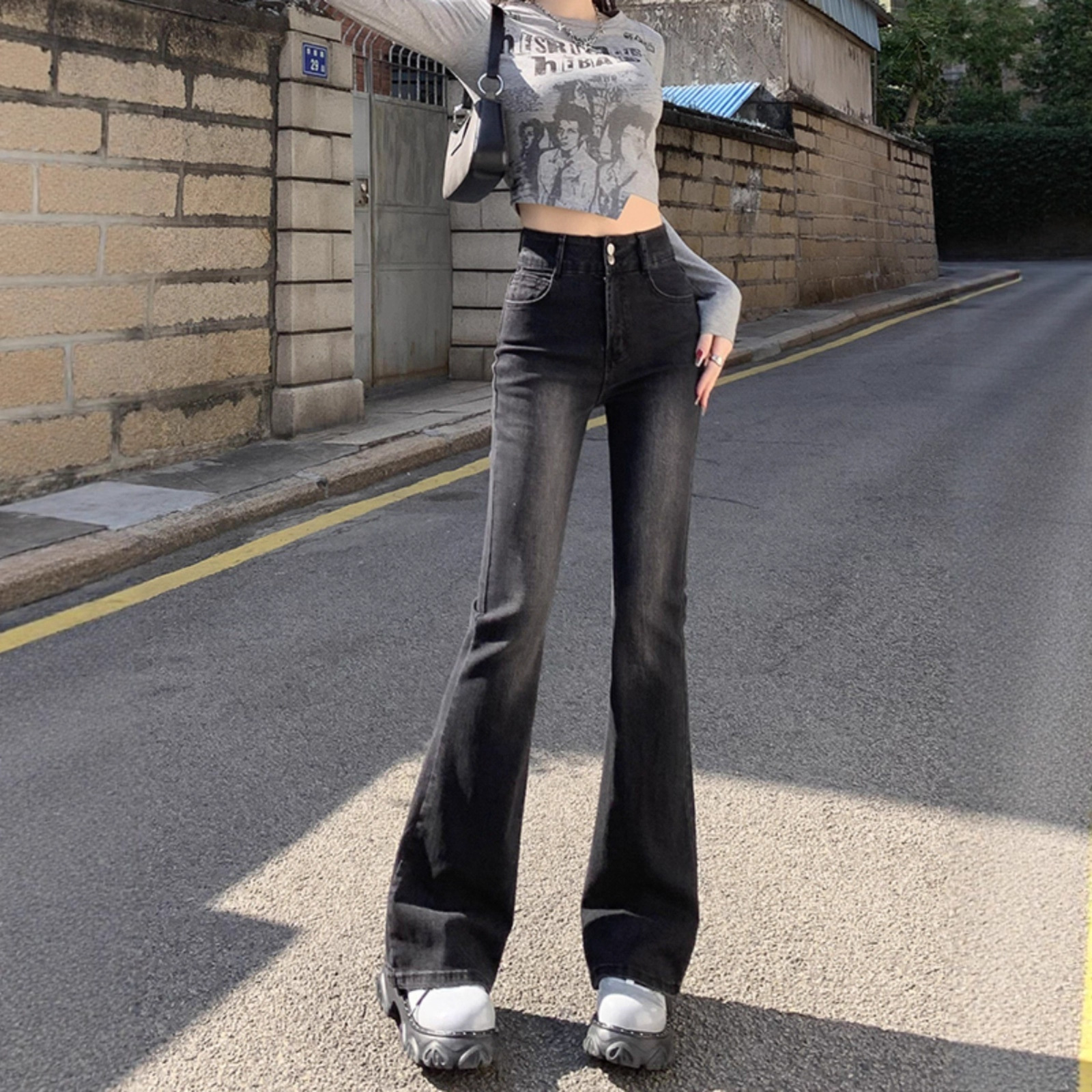 Black and Gray Flared Jeans for Women 2025 Spring and Autumn New Straight Slim Fit Petite Bell-Bottom Pants