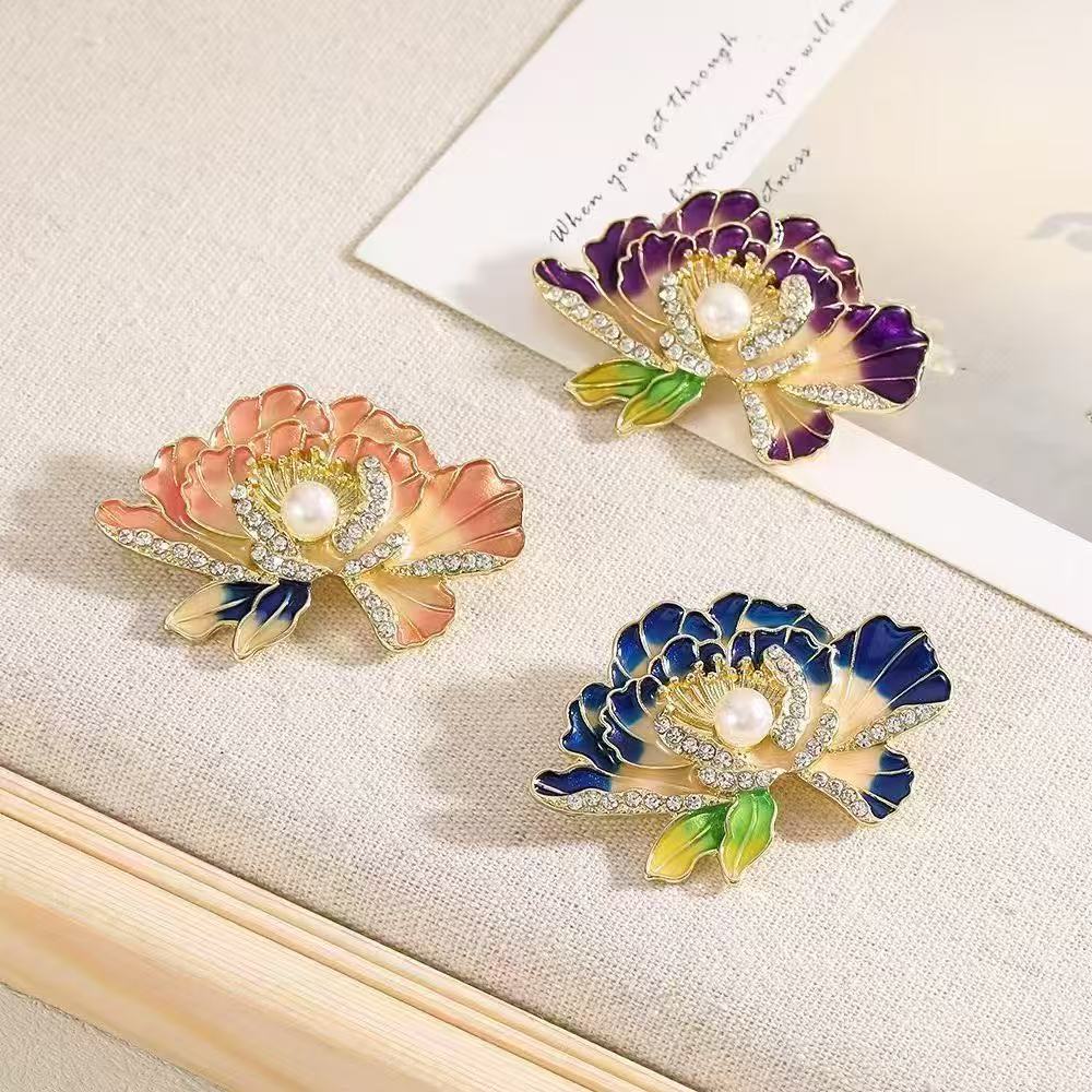 Chinese Style Inlaid Diamond Peony Rhinestone High-end Cheongsam Accessory Brooch Pin Anti-exposure Buckle_voghion.com