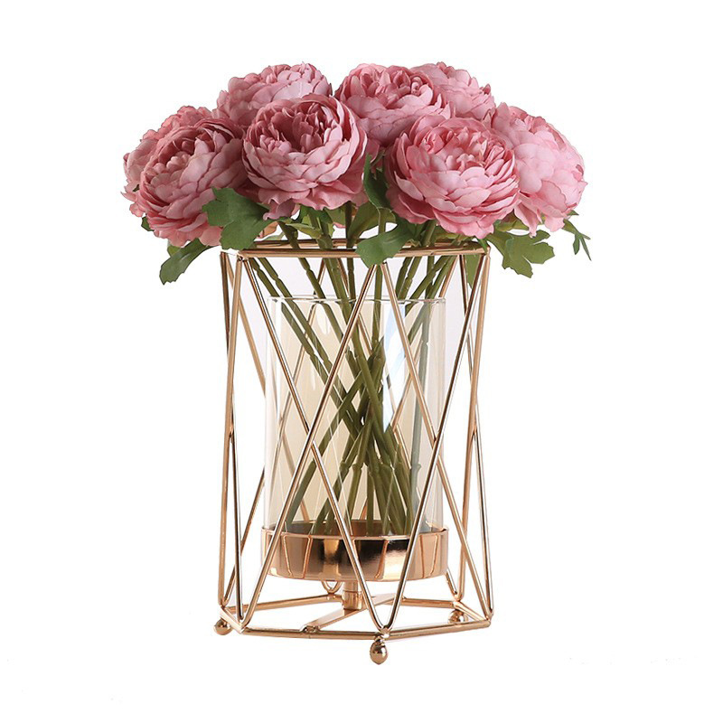 Vaso de vidrio de hierro forjado de alta calidad sensación de maceta de lujo ligero sala de estar metálica sala de estar mesa de comedor modelo decoración decoración