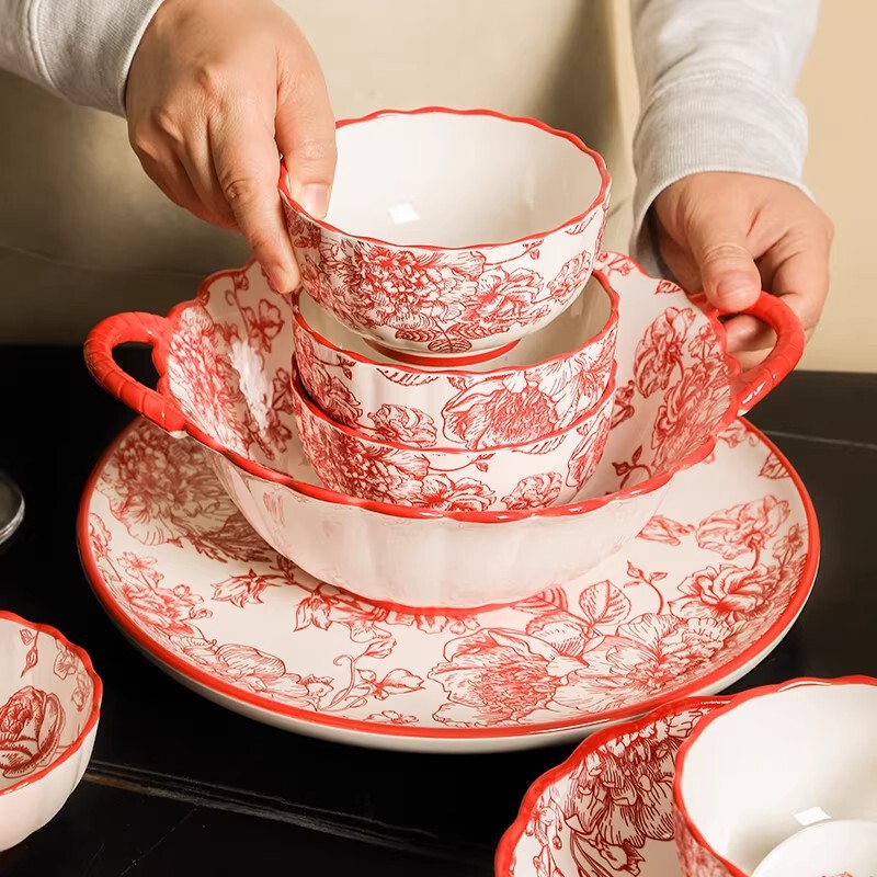 Kangmo Ceramic Bowl for Home Use, Single Rice Bowl, Plate, Tableware, Ins-Style Double-Ear Soup Bowl, Bowl and Chopsticks Set