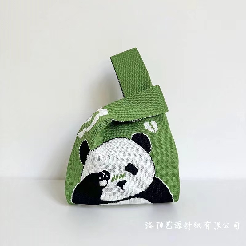 Cute Panda Bag Knitted Handbag Women's Knitted Bag Bucket Bag Korean-style All-match Hand Carrying Casual Tote Bag Hand Bag
