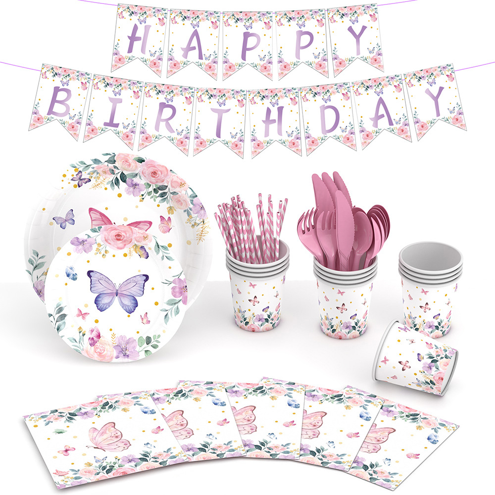 Nueva Flor de mariposa tema decoración del partido suministros fiesta de té Placa de papel desechable globo de tejido decoración traje
