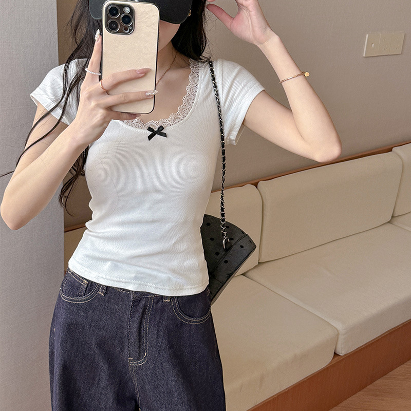 Strictly Selected White Lace Bow Shoulder Short-sleeved T-shirt Women's Summer Round Neck All-match Breathable Base Shirt