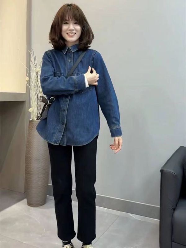 复古水洗牛仔衬衫女秋冬季复古港风轻奢加厚叠穿打底内搭衬衣上衣|undefined