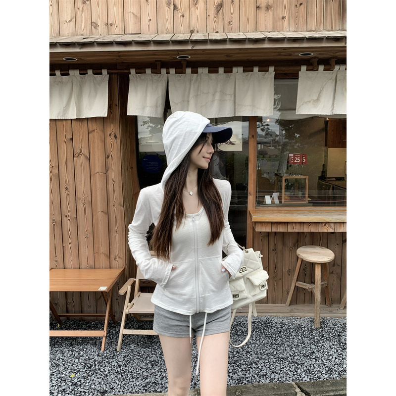 白色修身纯欲风连帽防晒开衫女夏季薄款拉链短款上衣韩版空调外套|undefined