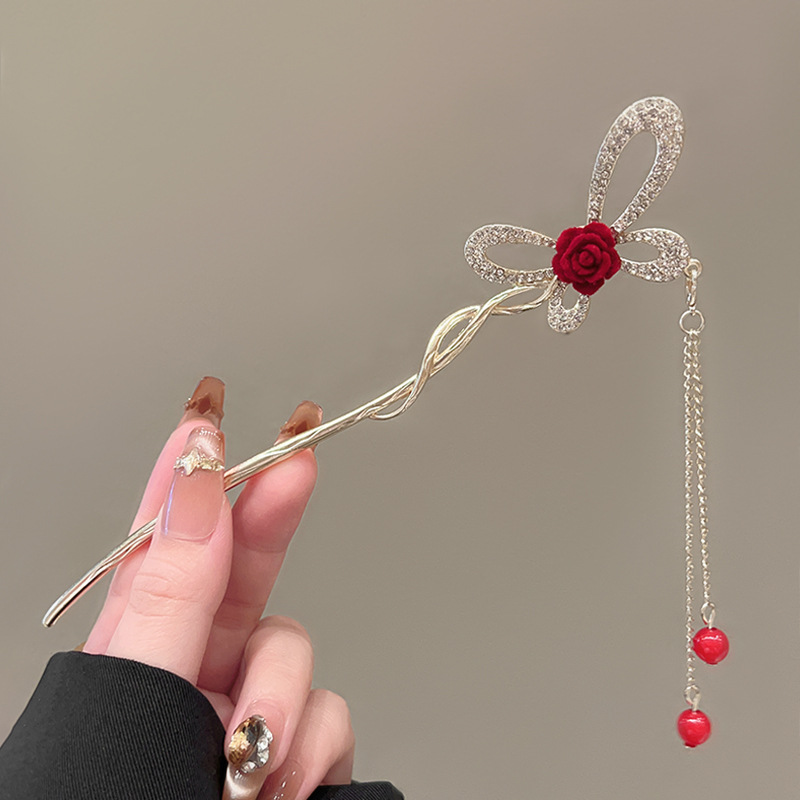 Butterfly Red Flower Hairpin-Gold