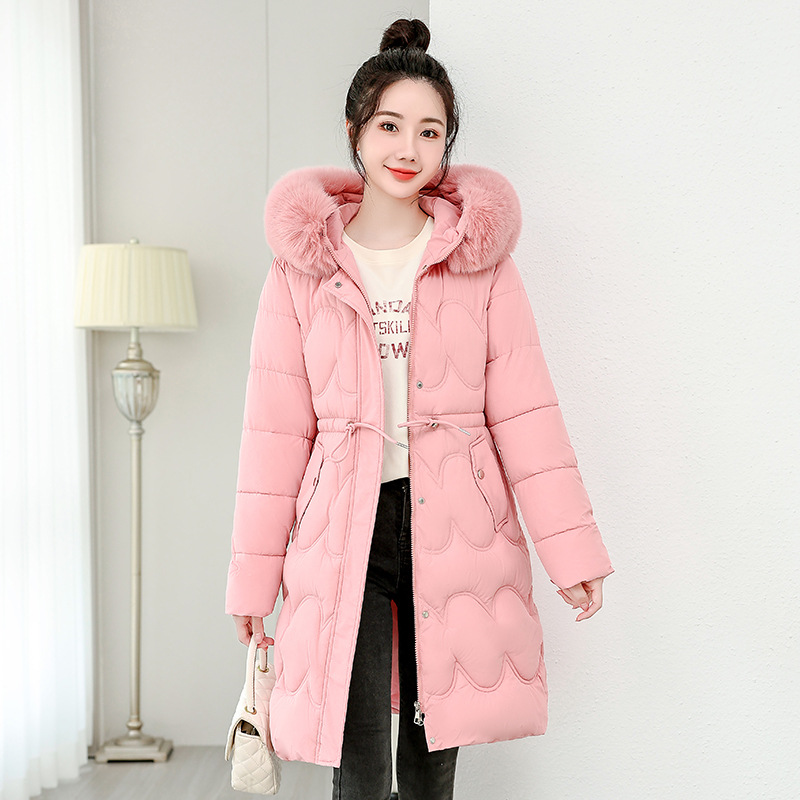Invierno nuevo tipo de ropa de algodón gruesa media y larga mujer estilo coreano sobre la rodilla cintura delgada chaqueta de algodón de cuello caliente abrigo de pluma