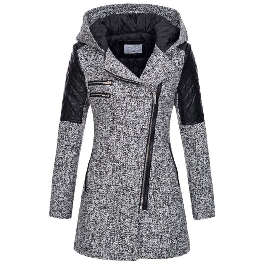 Dammemantel mat diagonaler Reißverschluss, Kapuzen a Kotteng gepolsterter Hautpois, laanger, décker, waarmer Windjacke fir Fraen._voghion.com