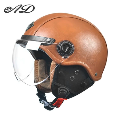 Women, All-Season Motorcycle Retro Half | Motorcycle Safety Supplies - 3c-leather-brown-removable-ear-protection-transparent-short-mirror-one-size-fits-all-suitable-for-head-circumference-55-62