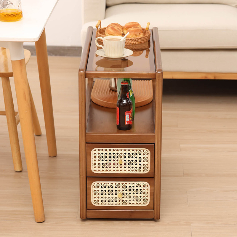 Gabinete lateral de vidrio pequeño portátil gabinete lateral de ratán japonés hogar extremadamente estrecho armario simple