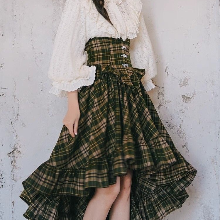Palace-Style Retro Lace Lantern Sleeve Shirt, Victorian Plaid Waist-Cinching Swallowtail Long Skirt Two-Piece Set