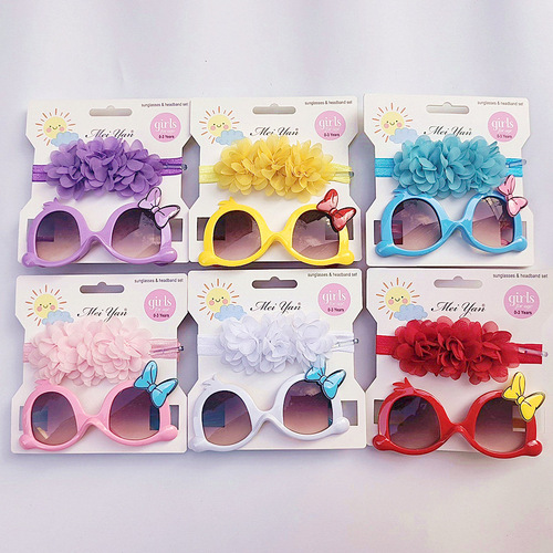 Children's hairband sunglasses set, sunglasses and belt combination, cartoon style sunshade glasses, solid color chiffon flower hair accessories