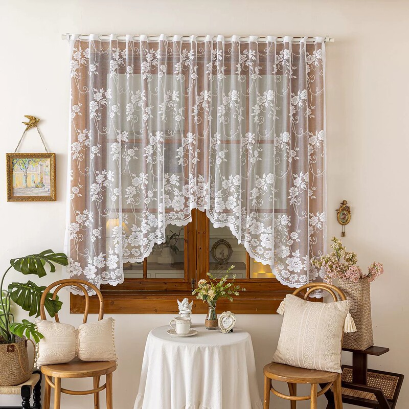 French-style European white lace kitchen partition curtain with jacquard floral pattern, coffee curtain, door curtain, bay window short curtain, cabinet decoration French-style European white lace kitchen partition curtain with jacquard floral pattern, coffee curtain, door curtain, bay window short curtain, cabinet decoration