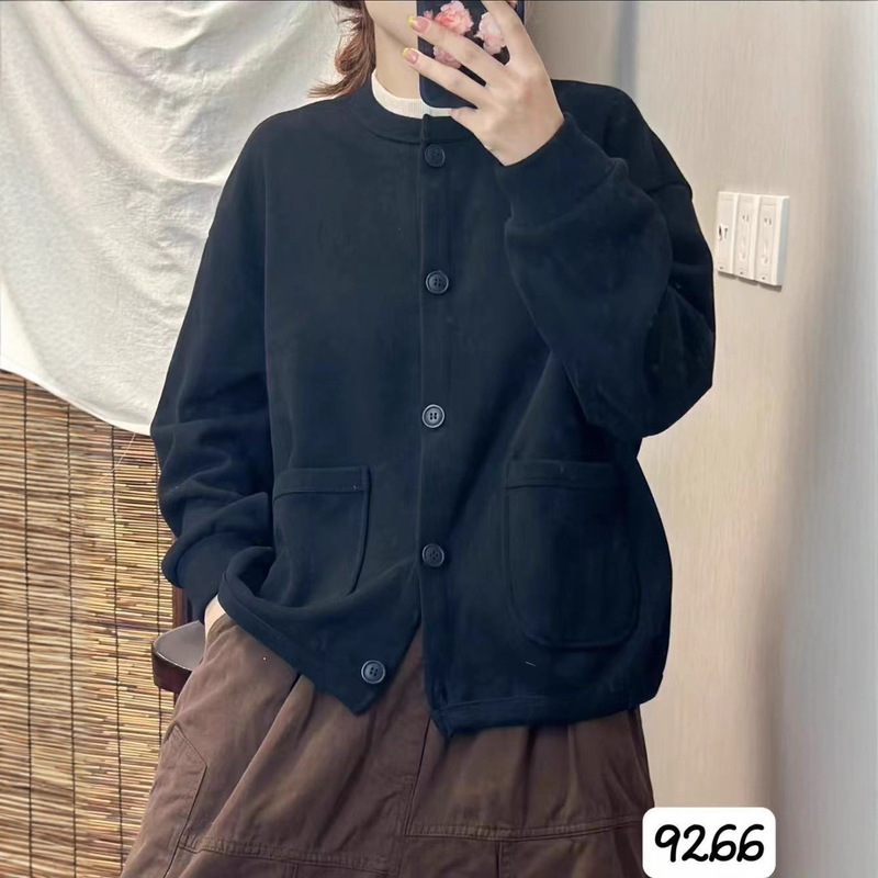 CO秋冬款韩版宽松简约圆领双口袋加绒休闲外套百搭保暖上衣女9266|undefined