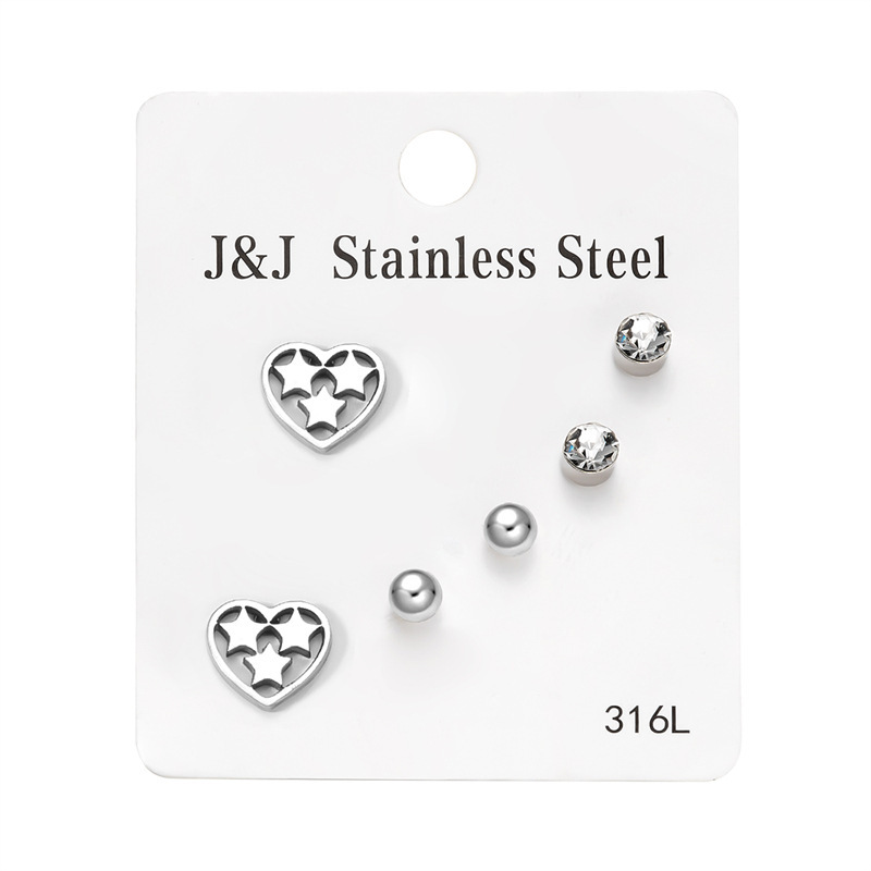 Hot Selling New 3 Pairs Of Heart-shaped Diamond Inlaid Combination Card Set Korean Version Fashionable Earrings_voghion.com