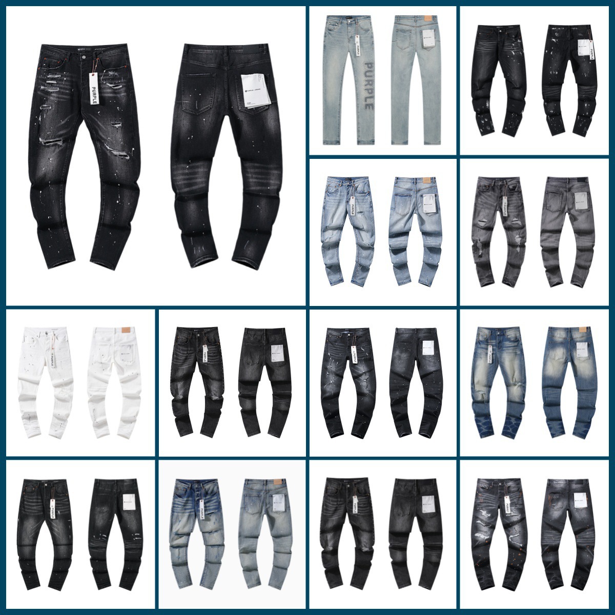 Jeans de marca púrpura de la calle alta, negro delgado, comercio exterior transfronterizo, nuevo elástico lavado con agua para hacer ropa vieja para hombres