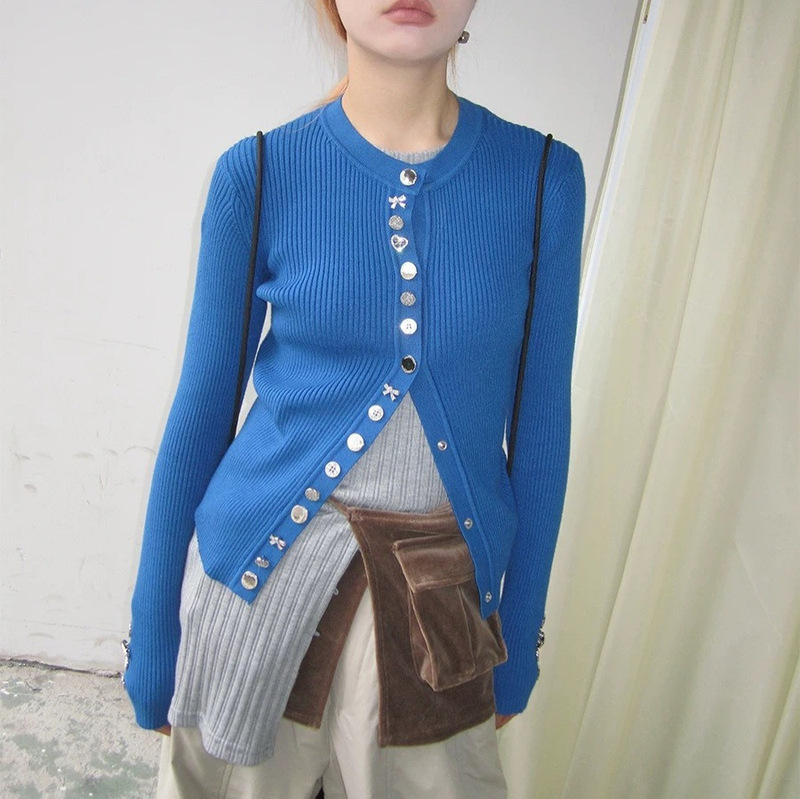 Klein 2025 Autumn and Winter New American Sexy Slim Fit Diamond Button Sweater Knitted Cardigan Jacket for Women