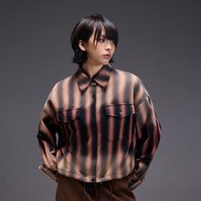 拓谷十三行女装2025秋季新款条纹廓形衬衫女扎染工装短款衬衣外套