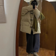 日系复古连帽中长款牛角扣工装保暖棉服棉衣蓬松感面包服女