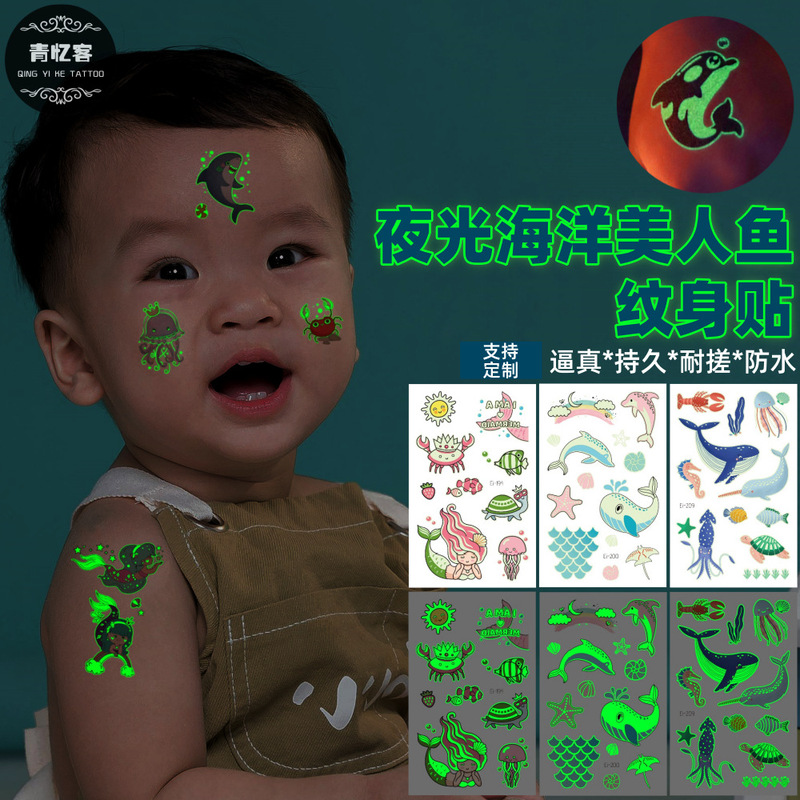 Cross-Border Supply Wholesale Luminous Mermaid Marine Animal Temporary Tattoo Stickers Children's Cartoon Toys in Stock