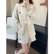 25夏季VW土星刺绣简约百搭亚麻防晒衫外套+松紧腰短裤女衬衫套装