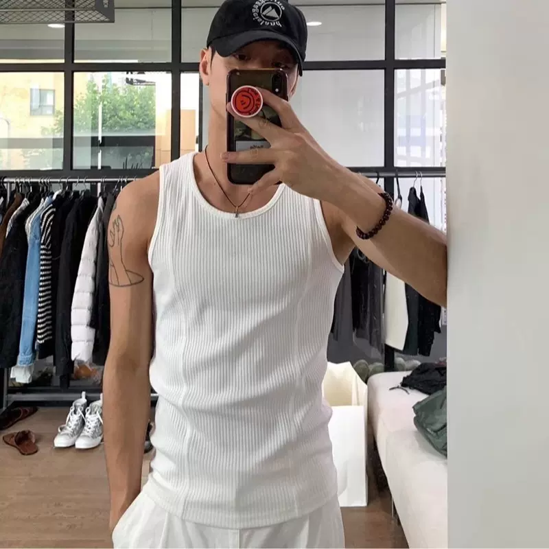 白色休闲运动背心男款美式潮流痞帅显肌肉拼接螺纹松弛感无袖上衣