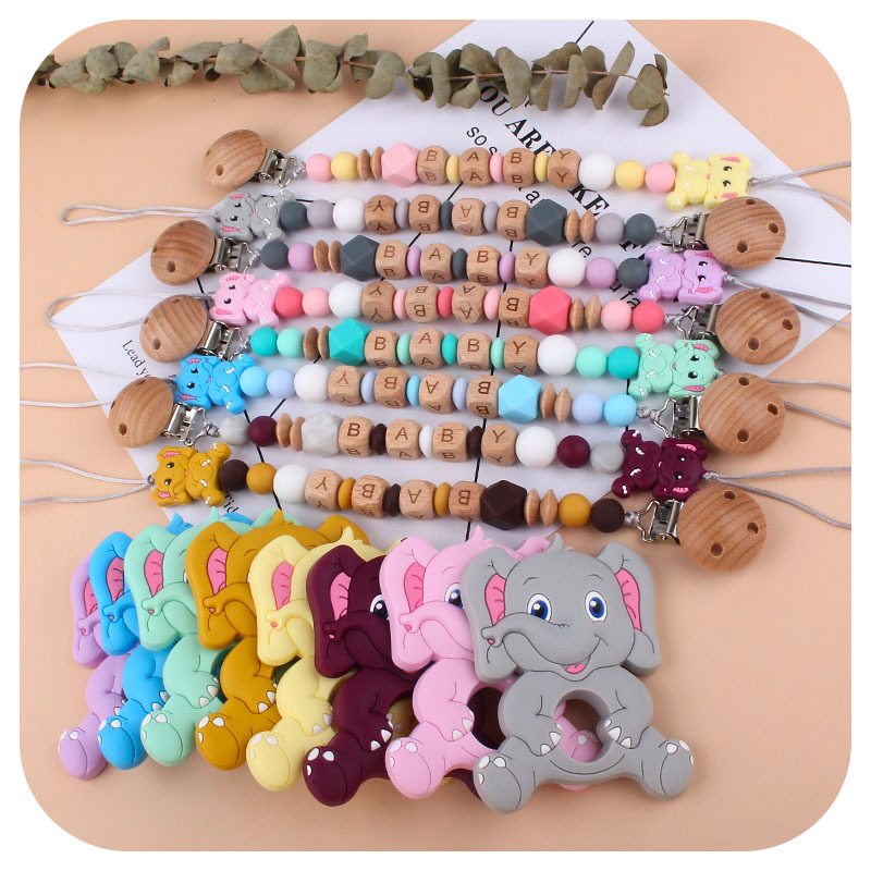 Bebé de dibujos animados elefante de silicona teether stick teether nuevo bebé nombre chupete cadena traje